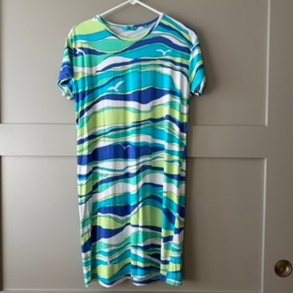 Tori Richard T-Shirt Dress Womens‎ Large Blue Green Abstract Bird Hawaii Beach